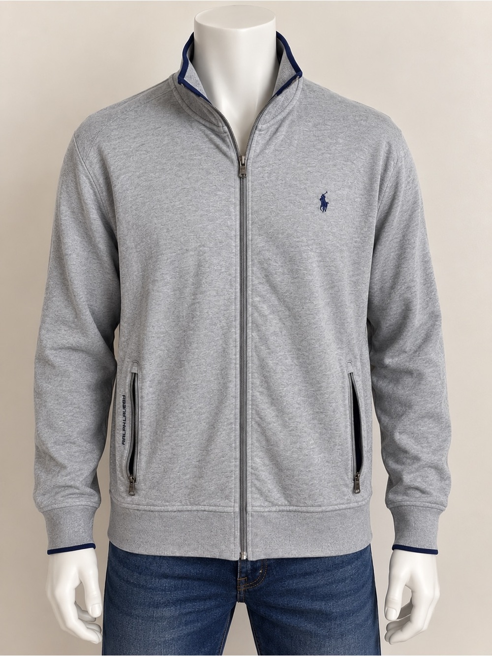 Polo by Ralph Lauren Light Gray Full-Zip Sweater with Navy Trim